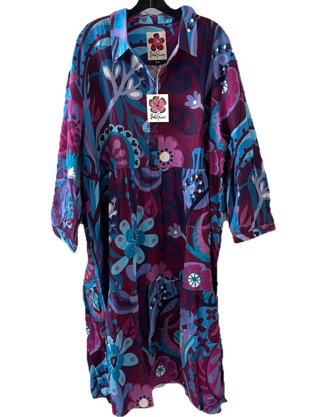 Lesley Evers Ruthie Bonanza Magenda Floral Linen Cotton Tiered Dress 2X New